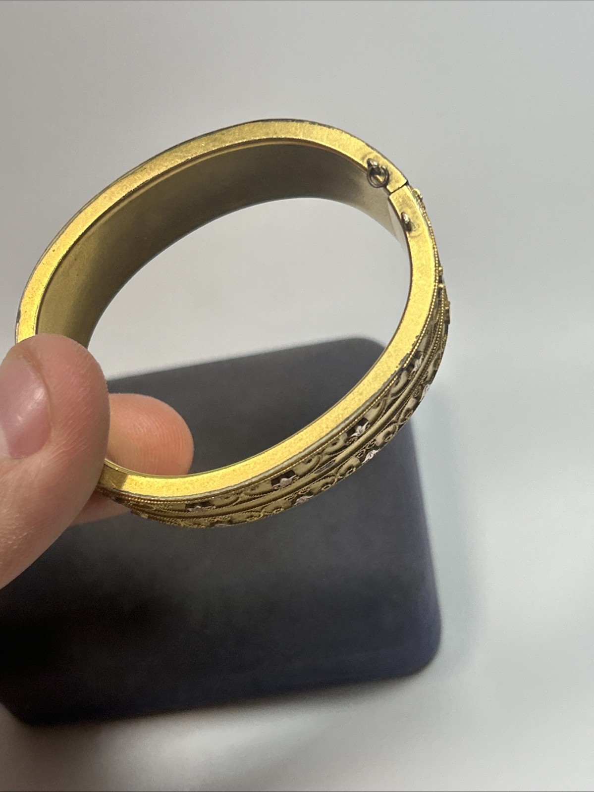 Victorian Etruscan Revival Gold Gild Wide Floral Motif Insert Clasp Bangle