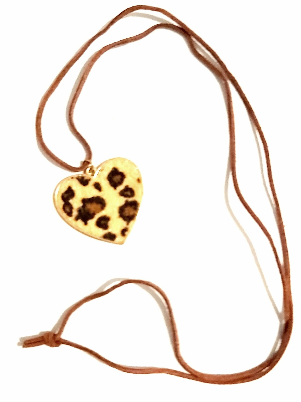 COOL Gold Tone Heart Shaped Faux Leopard Print Fabric Pendant on Leather Chord