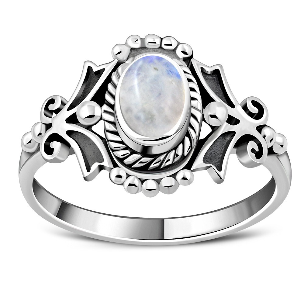 Rainbow Moonstone Ethnic Sterling Silver Ring Size O- MORE SIZES AVAILABLE