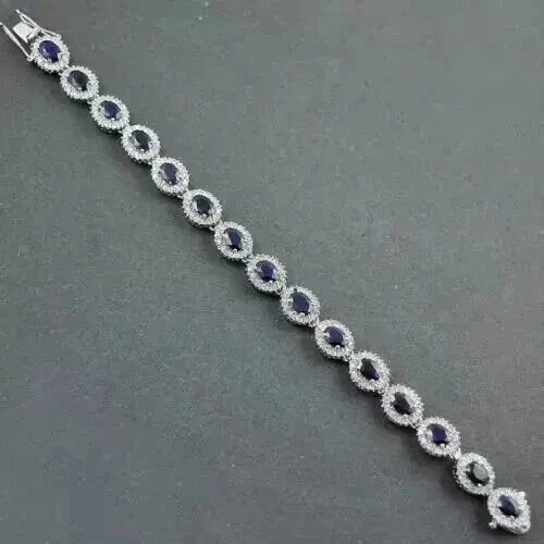 Oval Lab Created Blue Sapphire Diamond Tennis Bracelet 14K White Gold Plated