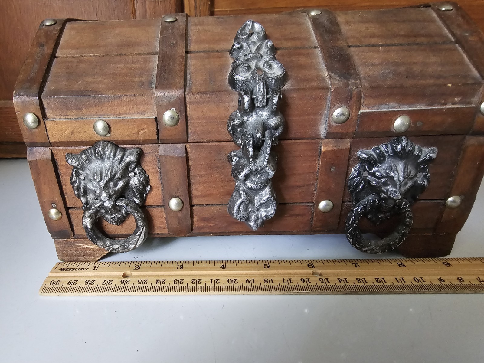 Wood Treasure Chest Style Jewelry Keepsake Box, Hinged Lid, 9 in