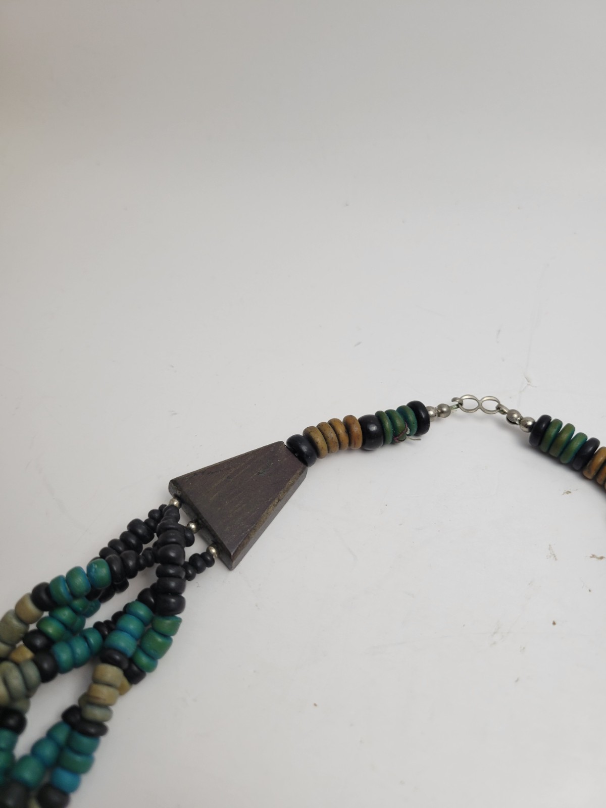 Vintage Tribal Multi Strand Wood Bead Fringe Bib Necklace Turquoise Black Boho