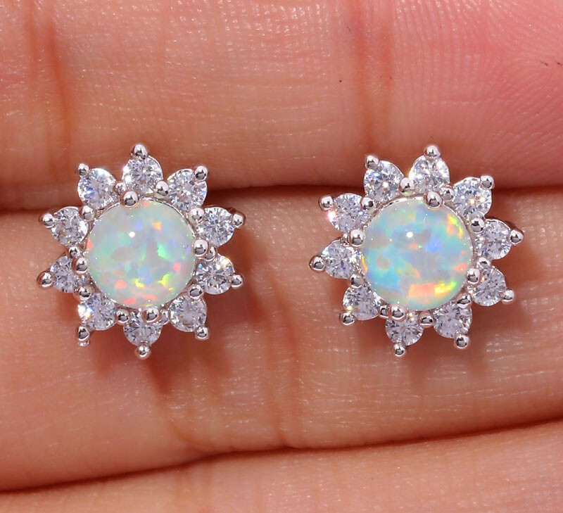 NEW Delicate Silver Stud Earrings, White Fire Opal and Cubic Zirconia