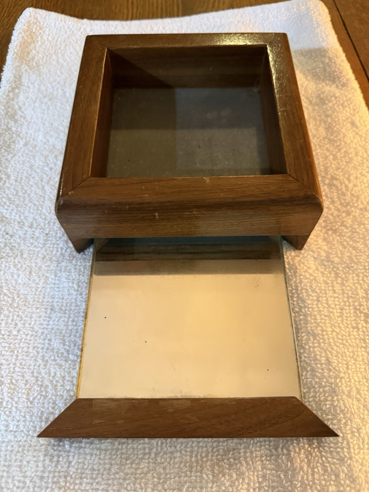 Vintage Walnut Trick Jewelry Box w/ Secret Slide Compartment & Hidden Mirror Old