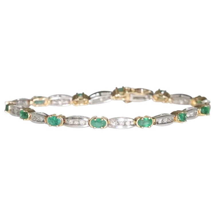 14K Yellow Gold Channel Set Diamond Natural Oval Cut Emerald Bracelet
