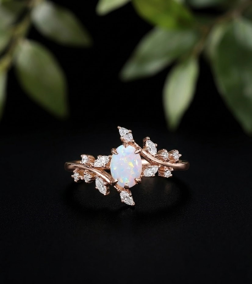 Oval Opal Engagement Ring, Sterling Silver Vine Branch, Rose Gold Ring