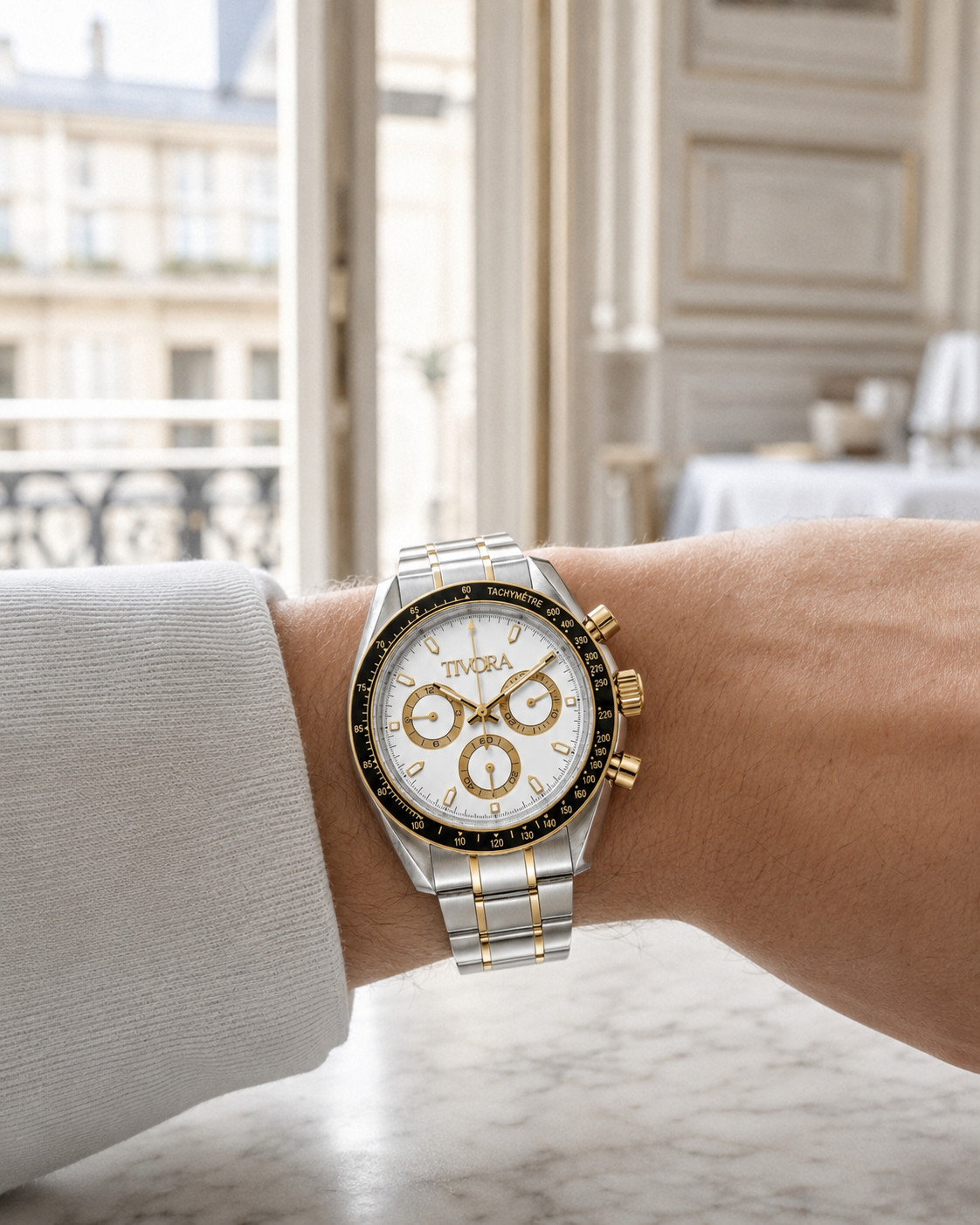 TÍVORÁ Veyron Two Tone Steel Frost Dial – Custom Branded Automatic Chronograph