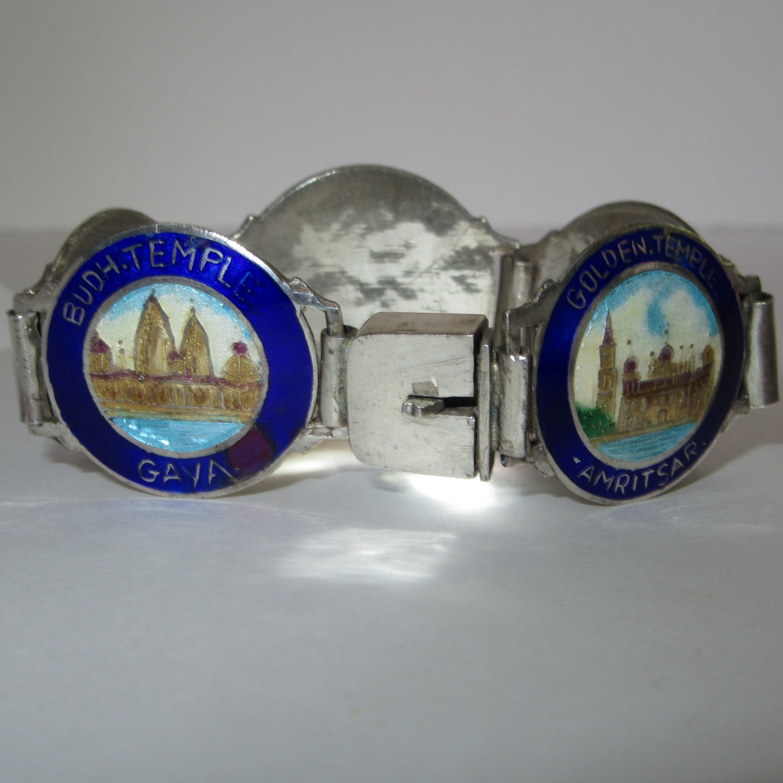 VTG Art Deco Silver Enamel India Souvenir Bracelet Taj Mahal Golden Temple Delhi