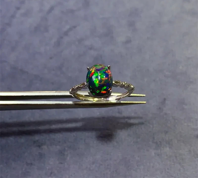 3 Carat Black Fire Opal Gemstone Ring, Natural Black Opal Ring 925 Sterling