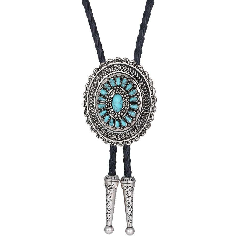 Vintage Bolo Tie Turquoise Stone Silver Sterling Cowboy Men Oval Navajo