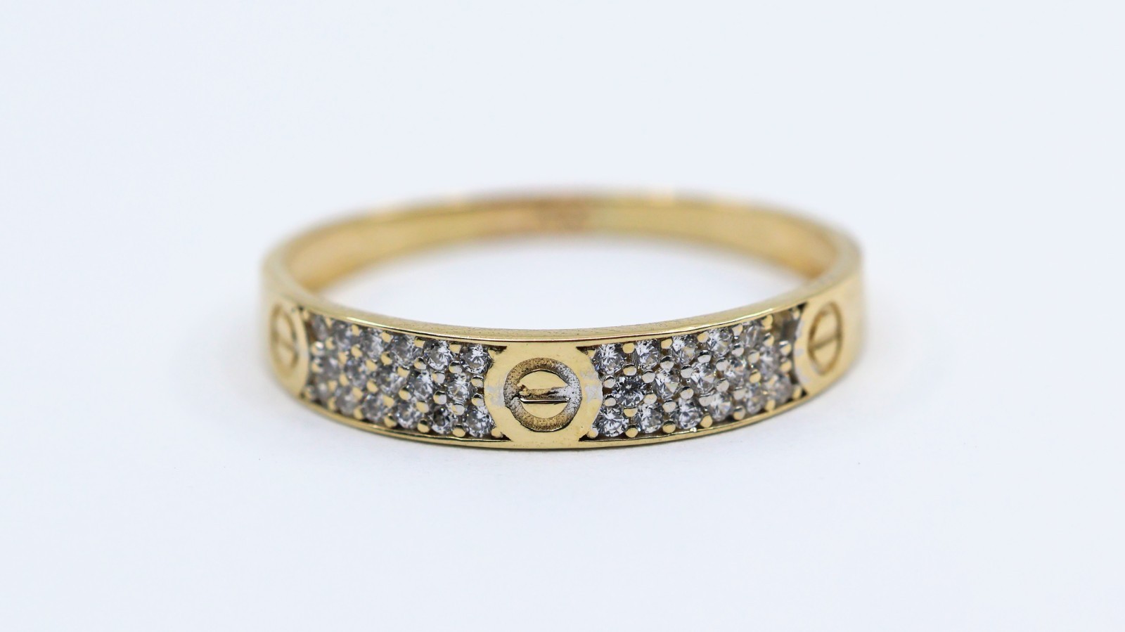 14K Solid Yellow Gold CZ Pave Womens Stackable Band Ring Screw Motif – Size 8.25