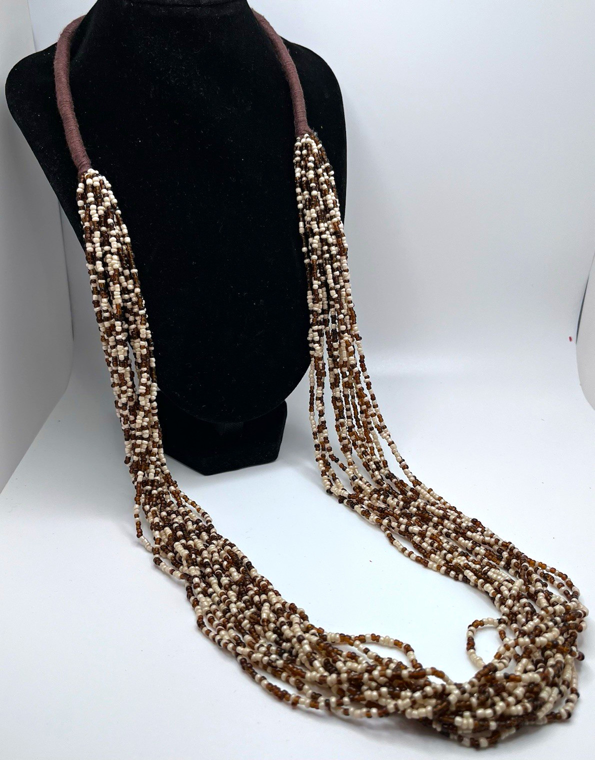 Brown White Multi-Strand Beaded Necklace, Round Glass Beads, Bohemian
