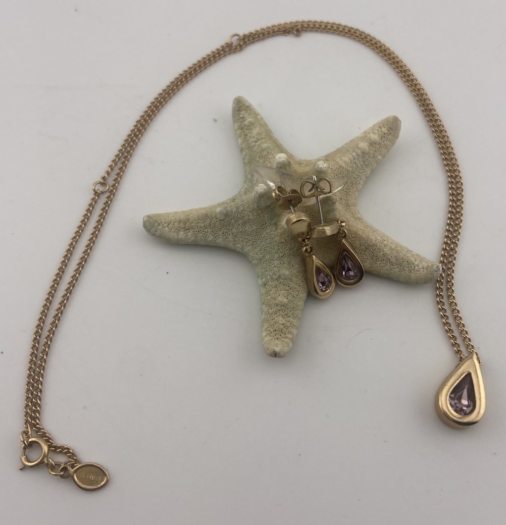 Vtg Avon Faux Amethyst Teardrop Goldtone Necklace & Pierced Earrings