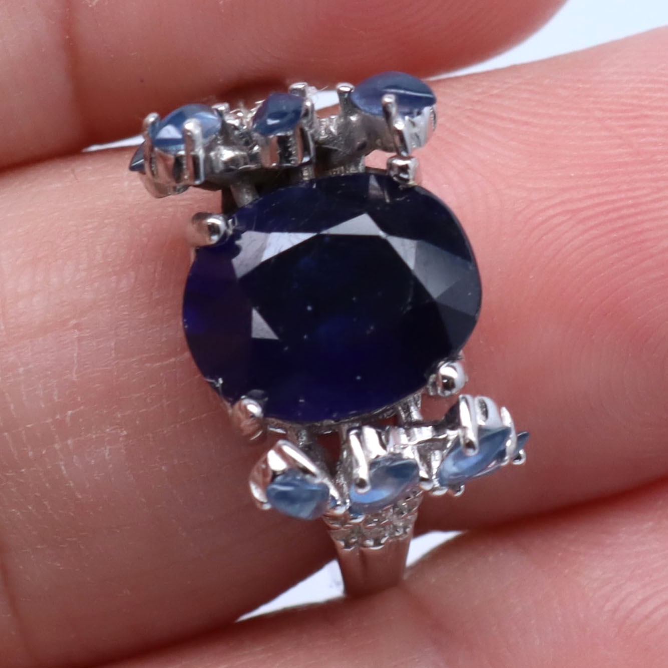 Natural Blue Sapphire Cubic Zirconia Ring 925 Sterling Silver Handmade Size 6