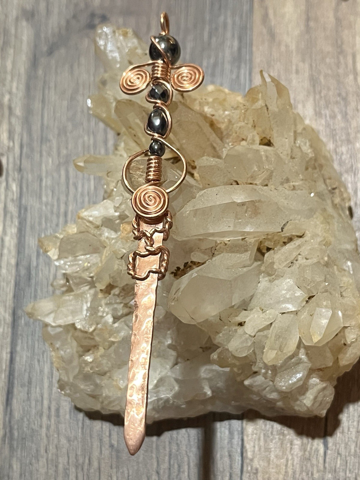 Artisan Copper Wire Wrapped Sword Pendant with Hematite Beads