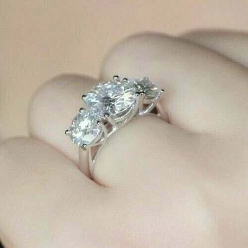 Certified 3.5Ct Brilliant Cut Three Diamond Solitaire Engagement 925 Silver Ring