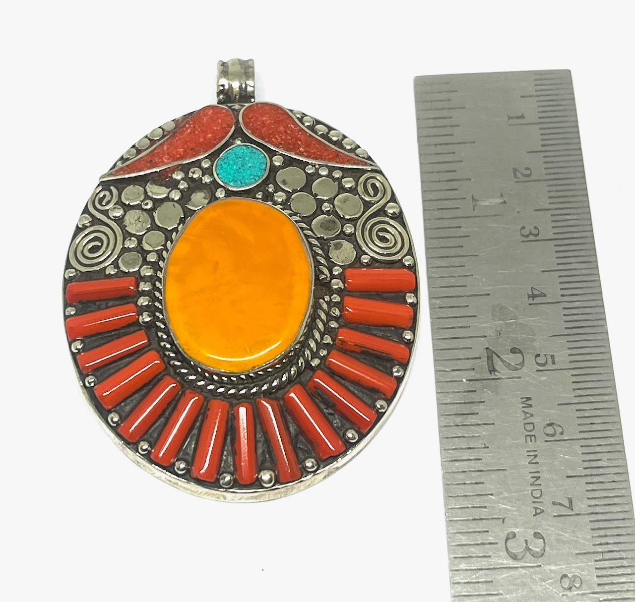 Art Deco Amber Coral Gemstone Tibetan Style Boho Pendant Jewelry, 2.8 inch