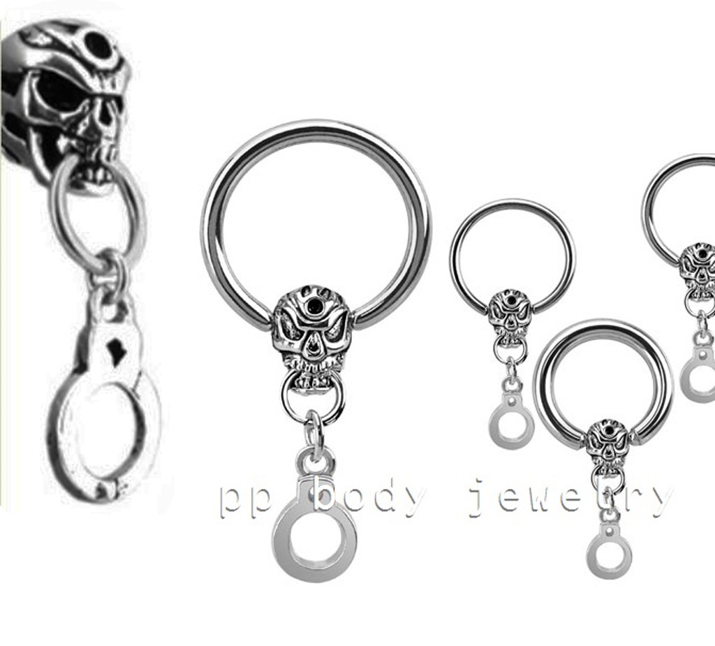 2pcs. 16g 14g 12g Steel Captive Bead Ring Skull and Handcuff Dangle Earrings