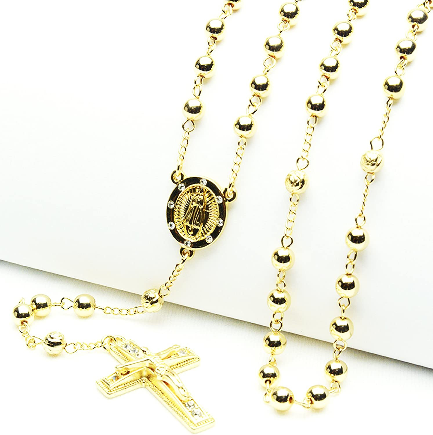 Collar de Cuentas Oro 14k chapado para Hombre Rosario Guadalupe Jesús cadena 28″