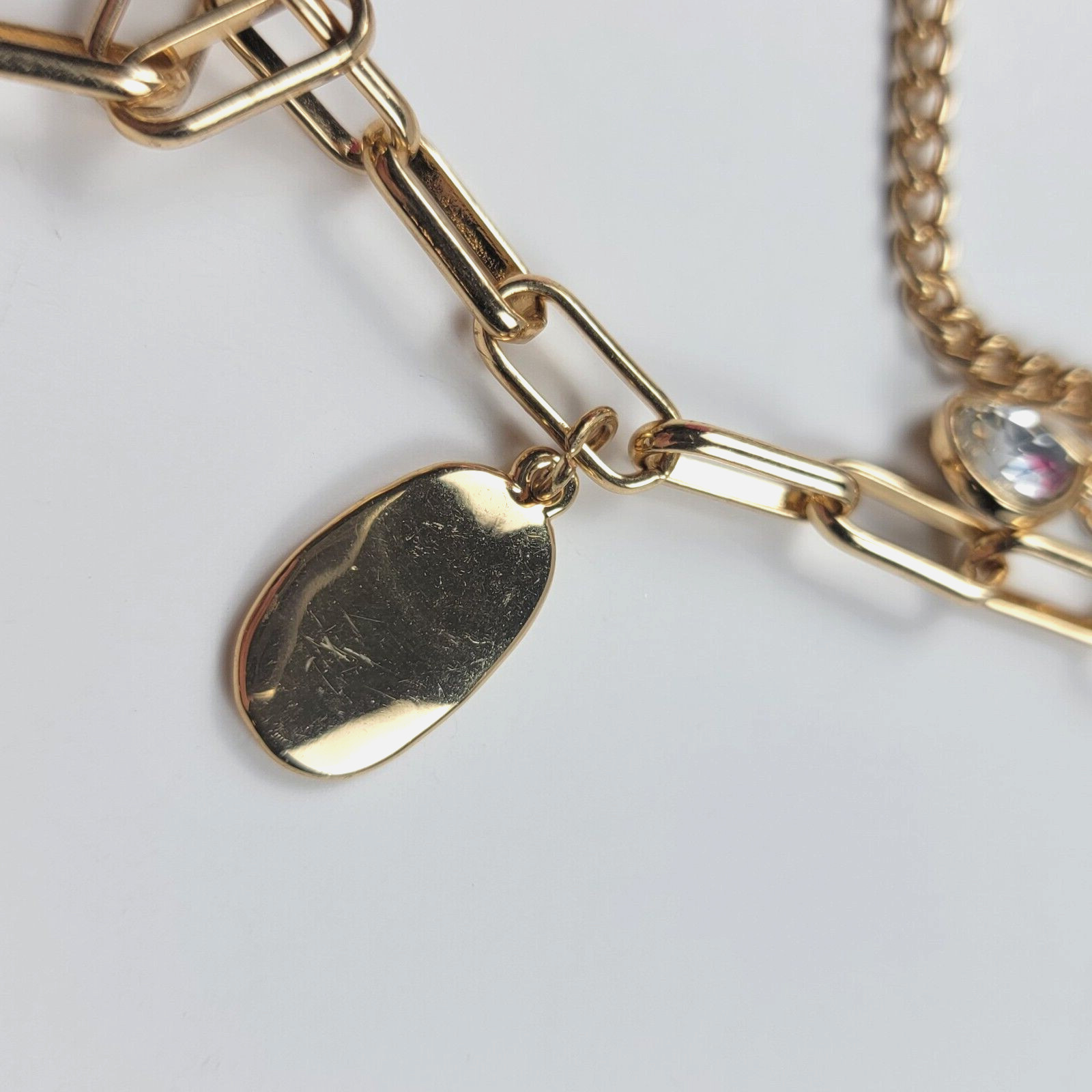 Modernist Gold Tone Clear Crystal Double Chain Multi Charm Necklace 20.5 In Adj.