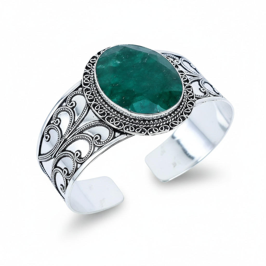 Natural Green Onyx Cuff Bangle Bracelet 925 Sterling Silver Handmade Jewelry ADJ