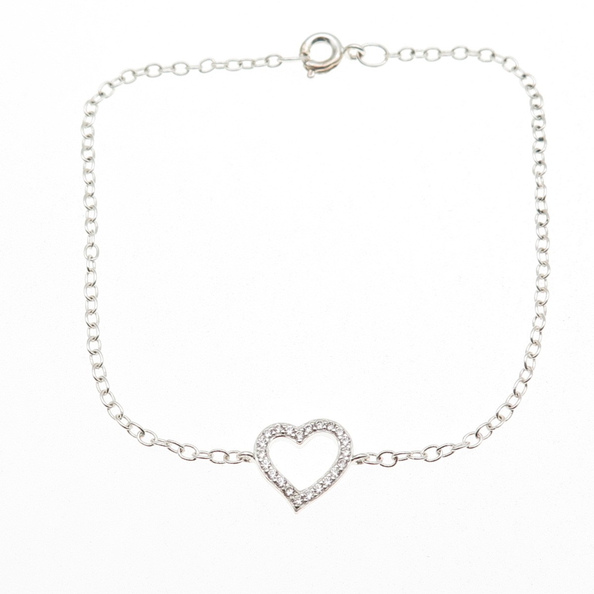 925 Sterling Silver Round-Cut C Z Heart Cable Link Bracelet 8.25″
