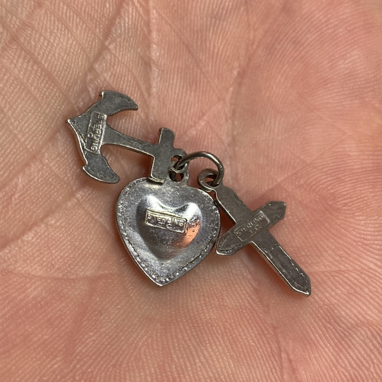signed TC 925 Sterling Silver Vtg 3 Virtues Anchor Heart Cross Charm Pendant