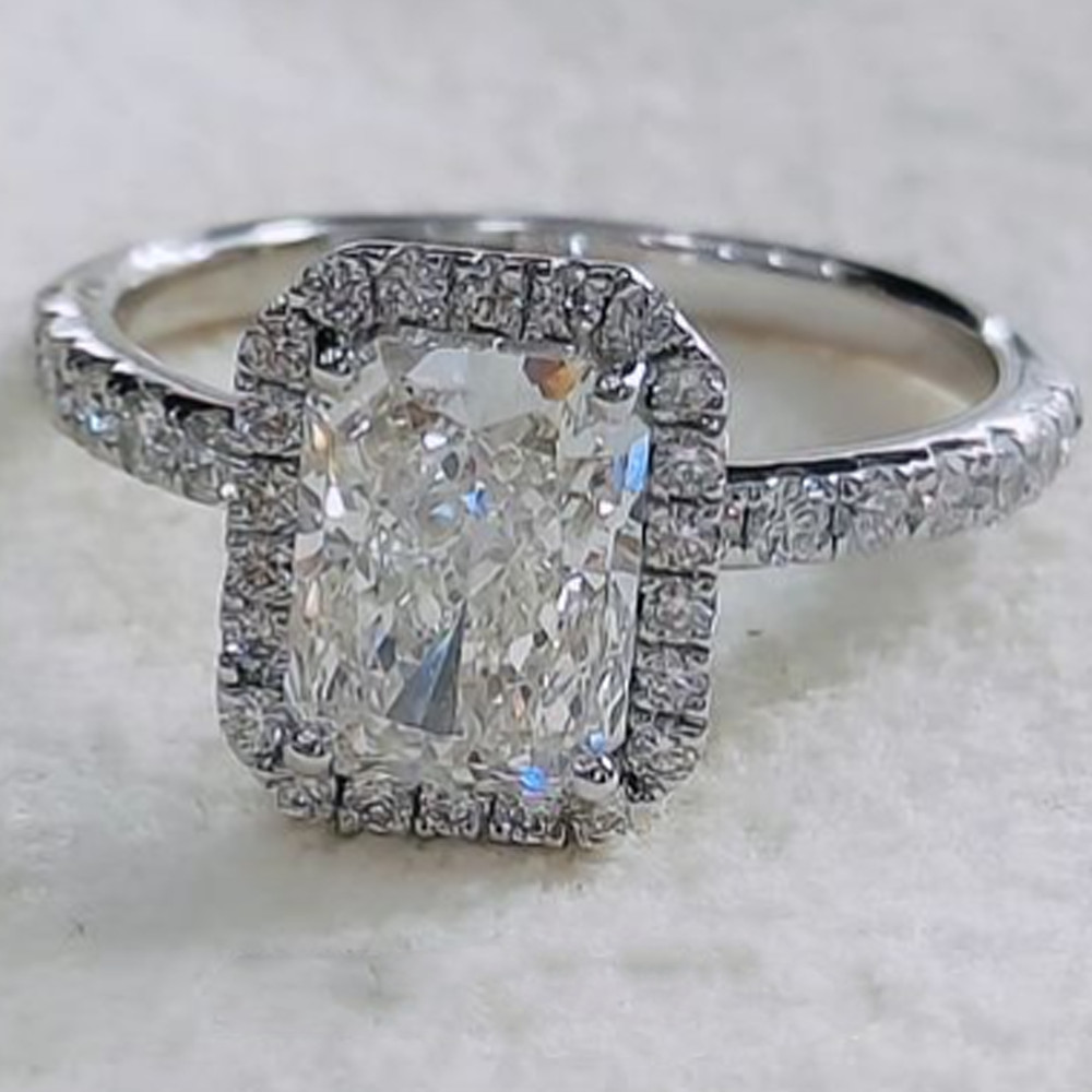 1.90 TCW Radiant Cut Moissanite Halo Engagement Ring in 14K White Gold Plated