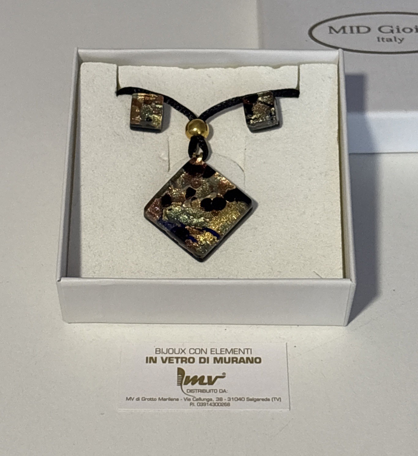 Vintage Italian Vetro Necklace Earring Set Gold W/ Black Cord Murano Signed Box
