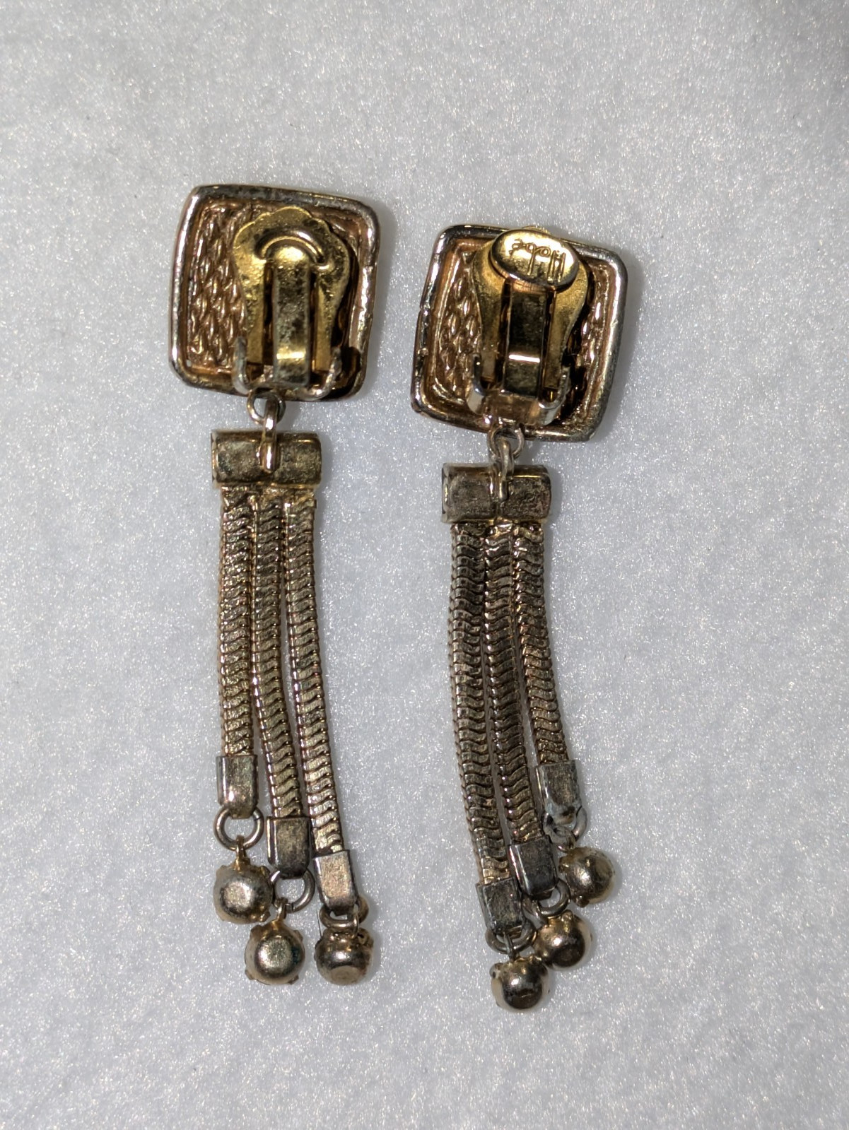 VINTAGE HOBE CLIP STYLE DANGLE MULTI STRAND RHINESTONE EARRINGS