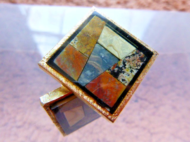 Vintage MCM Modern Hard Stone Inlay Pietra Dura Gilt Sterling Cufflinks Signed