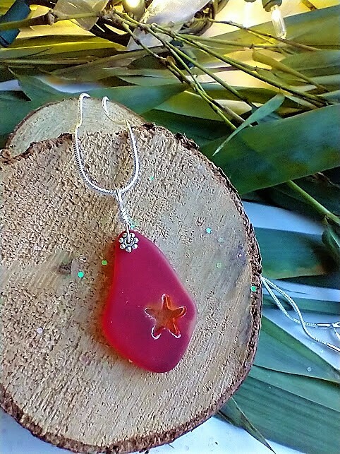 Hand Carved Starfish Red Sea Glass Pendant Silver Necklace 18″