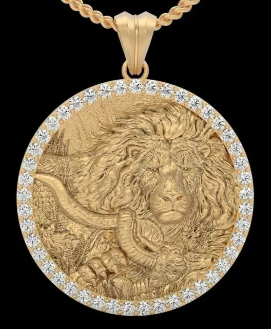 2Ct Round Cut Real Moissanite Lion Face Charm Pendant 14K Yellow Gold Plated