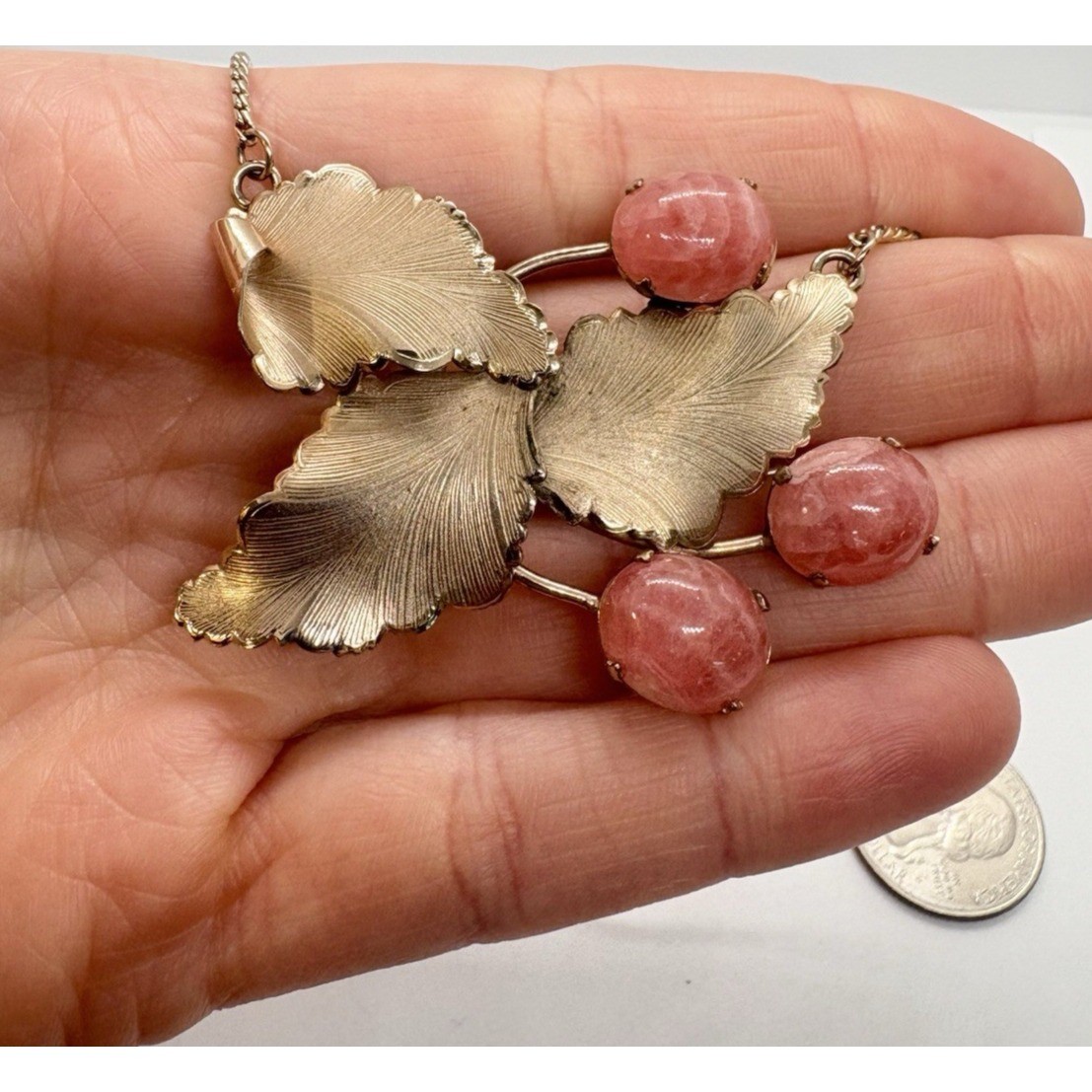 Vintage JJJ Gold-Filled Pink Rhodochrosite Gemstone Leaf Necklace Mid Century
