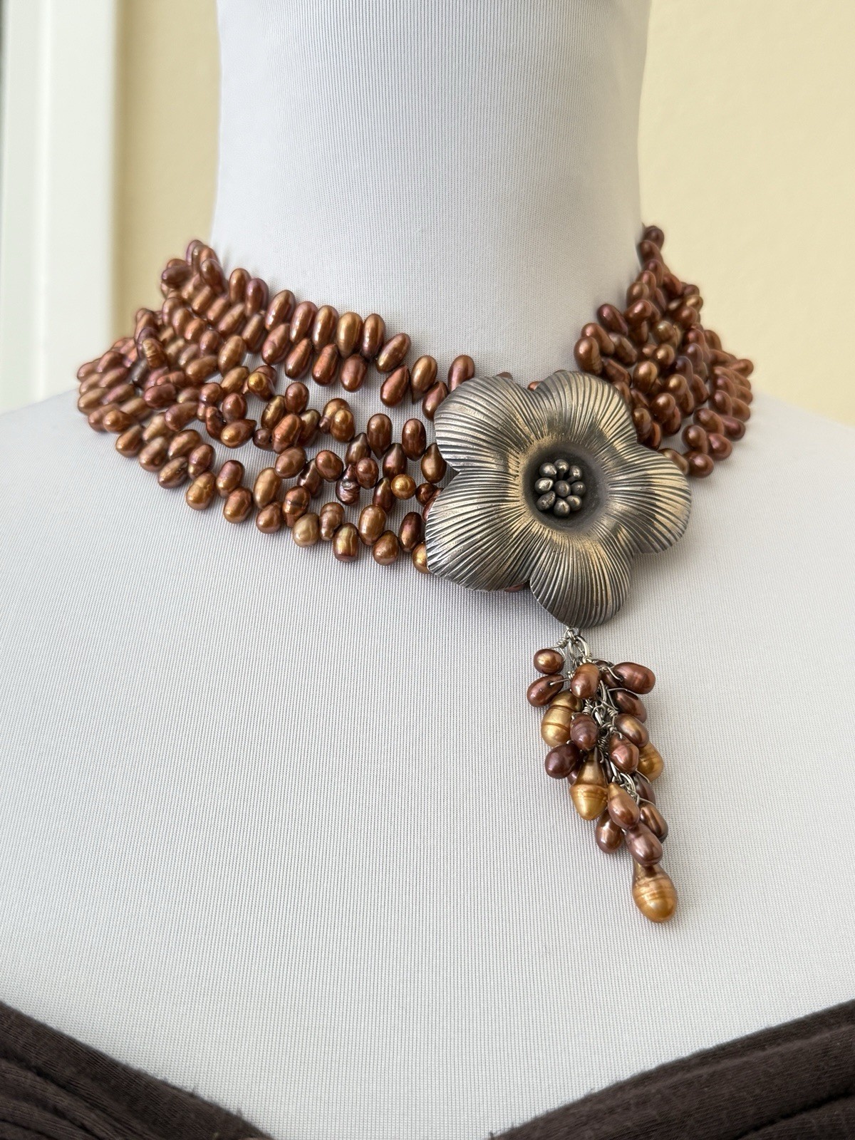 Vintage Multi Strand Chocolate Bronze Freshwater Pearl Necklace With Flower 16”
