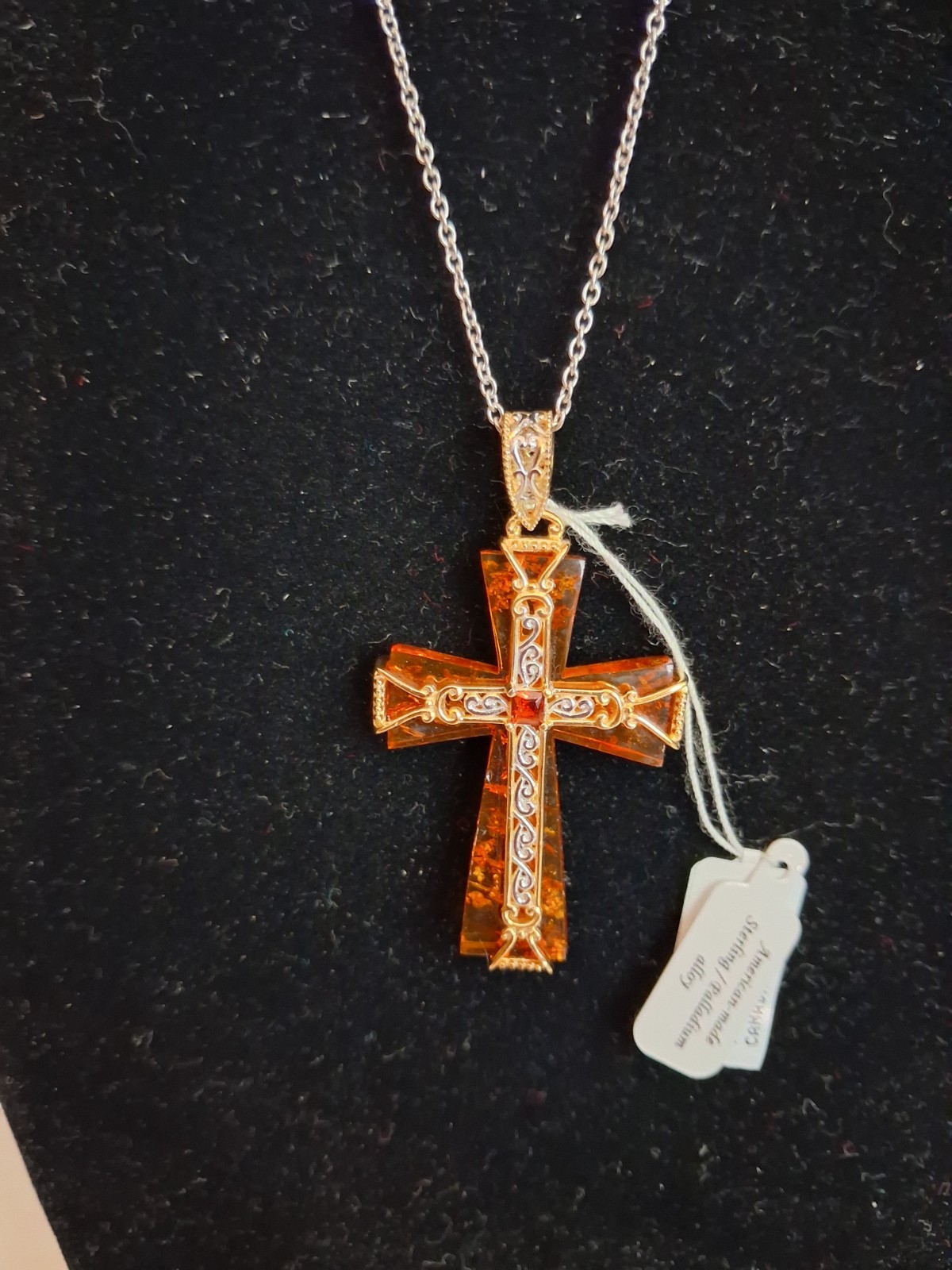Gems en Vogue Baltic Amber Almondine Garnet Cross 925 Sterling NIB on 18″ Chain