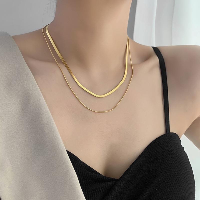Woman Gold Silver Stainless Steel 2 Layers Snake Herringbone Chain Necklace PE6