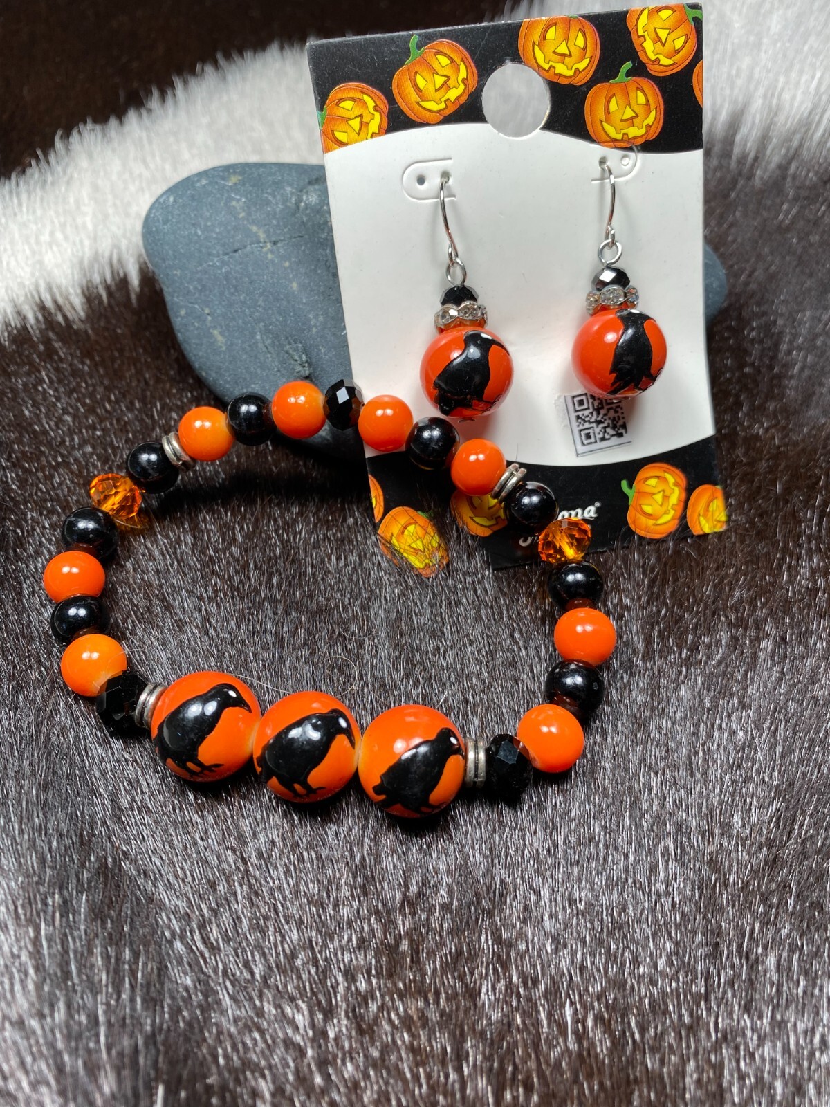 Halloween Bracelet Black Bird Raven Crow Beaded Stretch Bracelet Earrings
