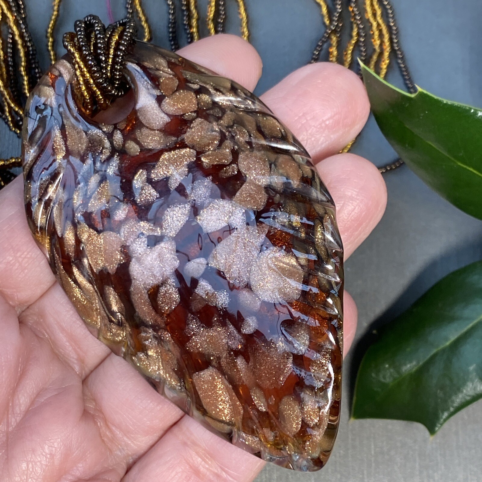 Vintage Pendant Necklace Handblown Murano Italy Art Glass 24K Gold Fleck Signed