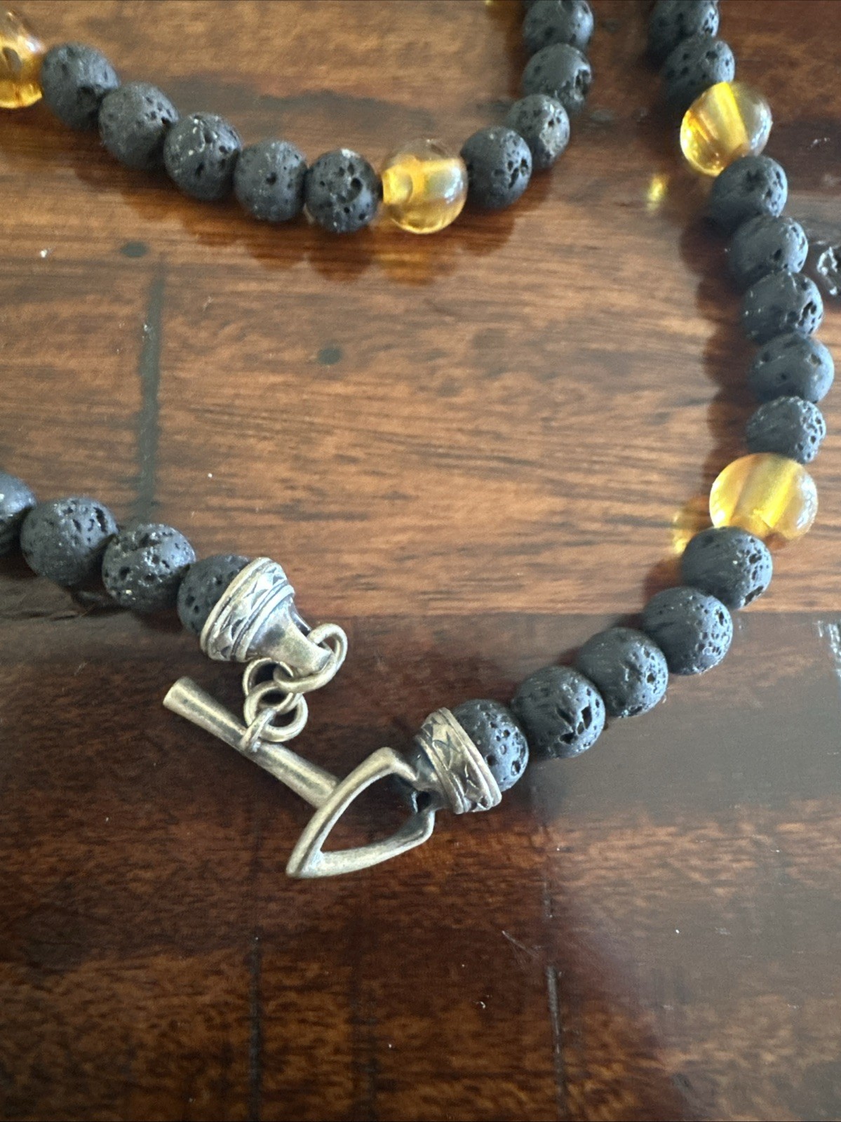 William Henry XL Baltic Amber & Lava Rock Beaded Bracelet, Sterling Silver