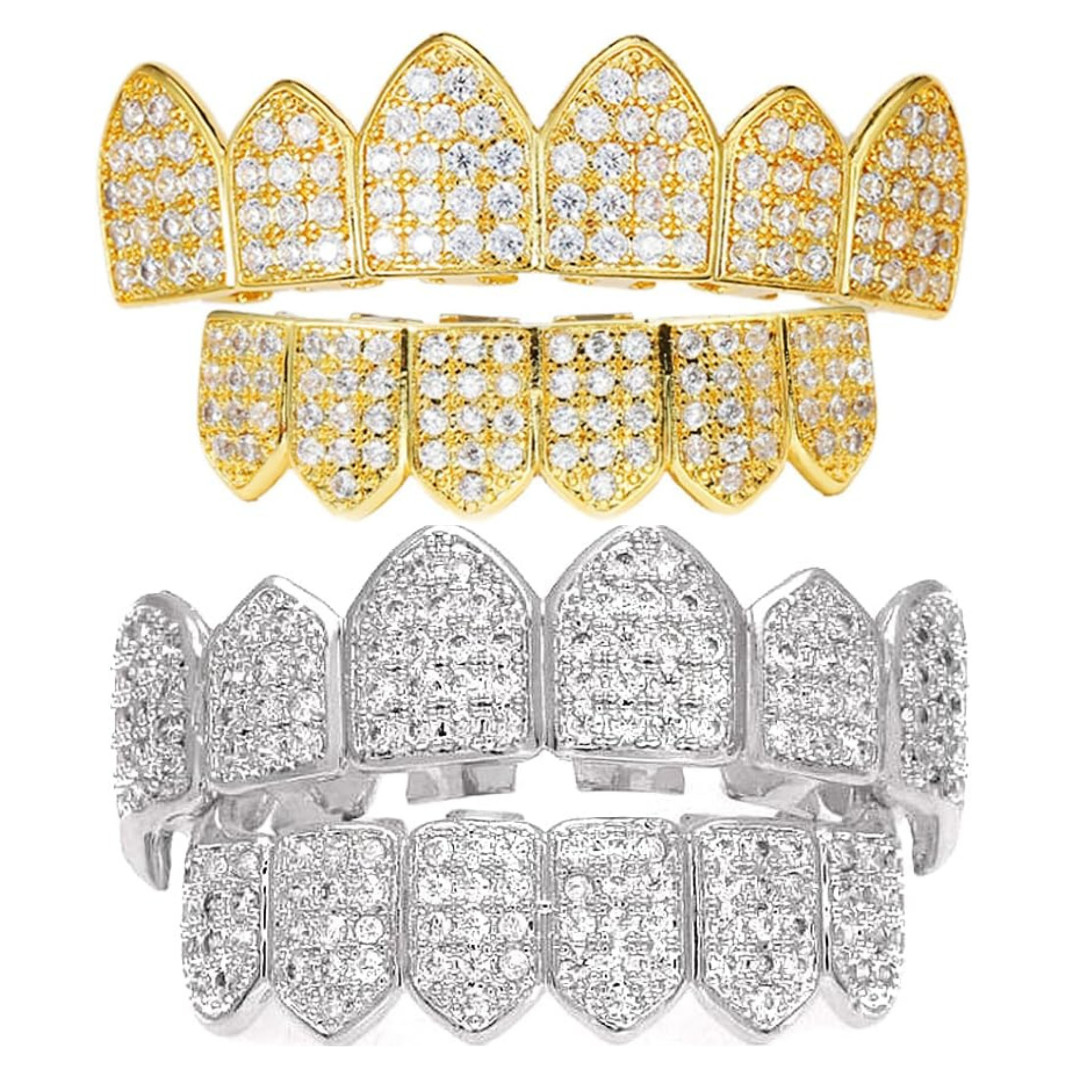 14K GP HipHop Teeth Dental Caps Grillz Top&Bottom Grills Set W/ Wax Real CZ