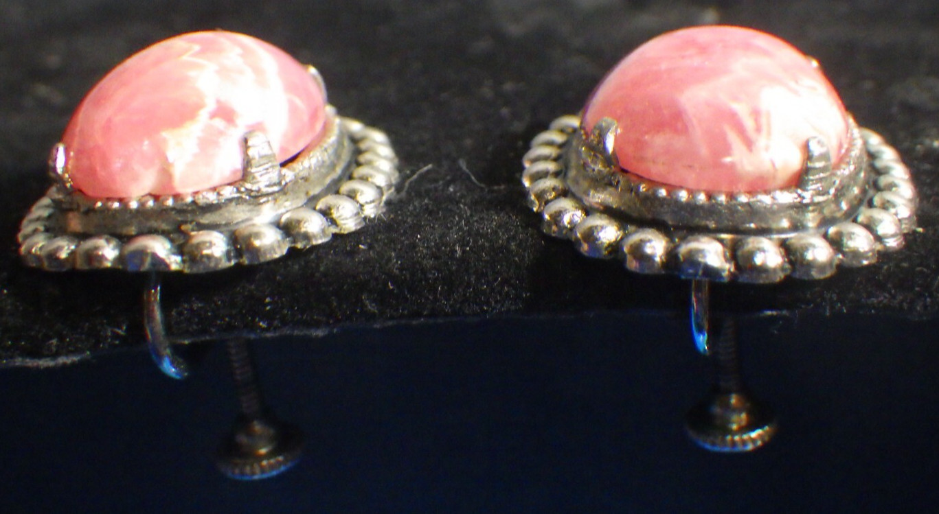 vintage vivid old Rhodochrosite sterling silver screw back earrings maker JJJ co