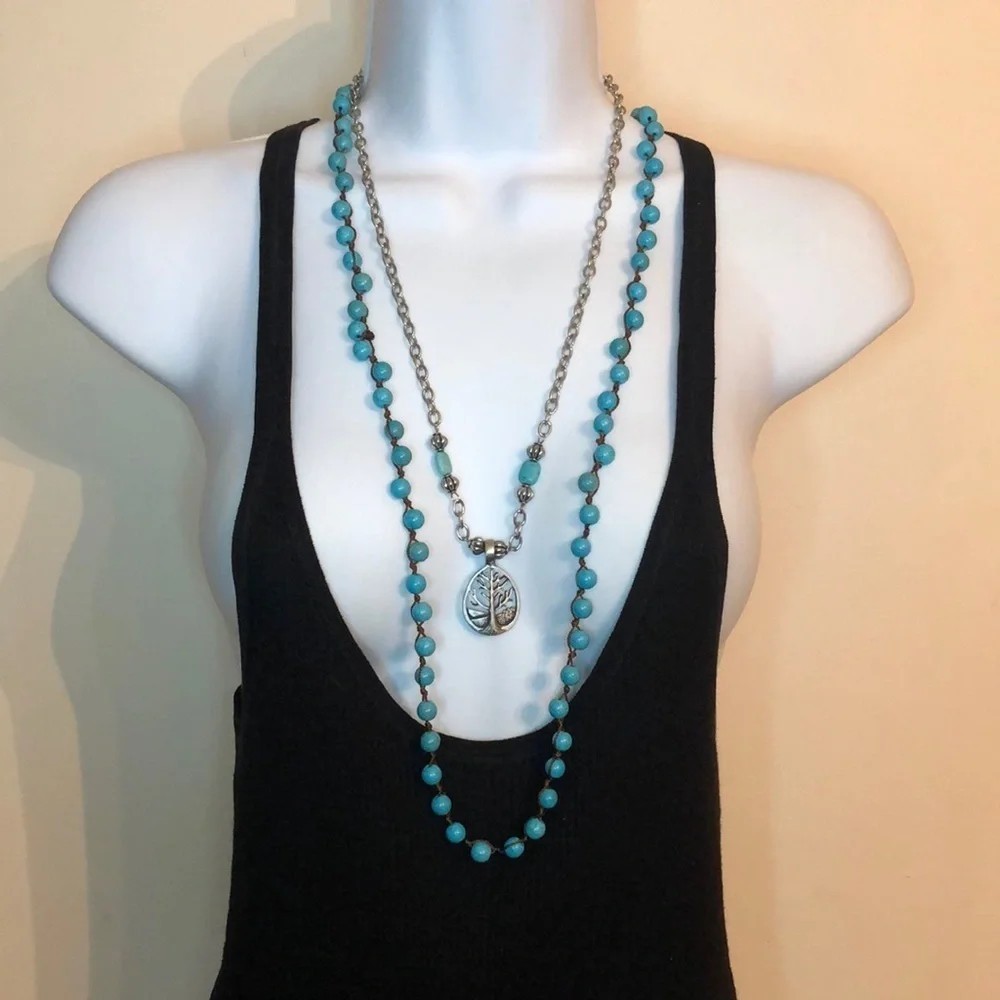 Blue Round Stone Beaded Necklace Silver-Tone Oval Tree of Life Charm Pendant