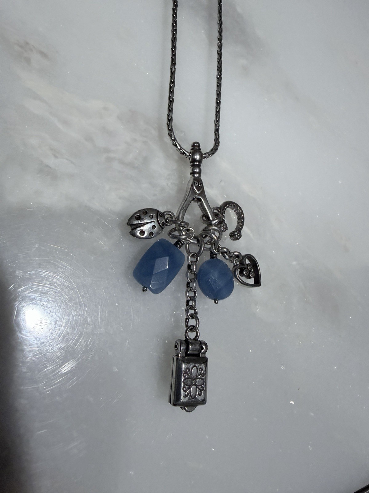 Brighton Silver Tone Charm Necklace Blue Beads Ladybug Heart Purse Horseshoe 20”