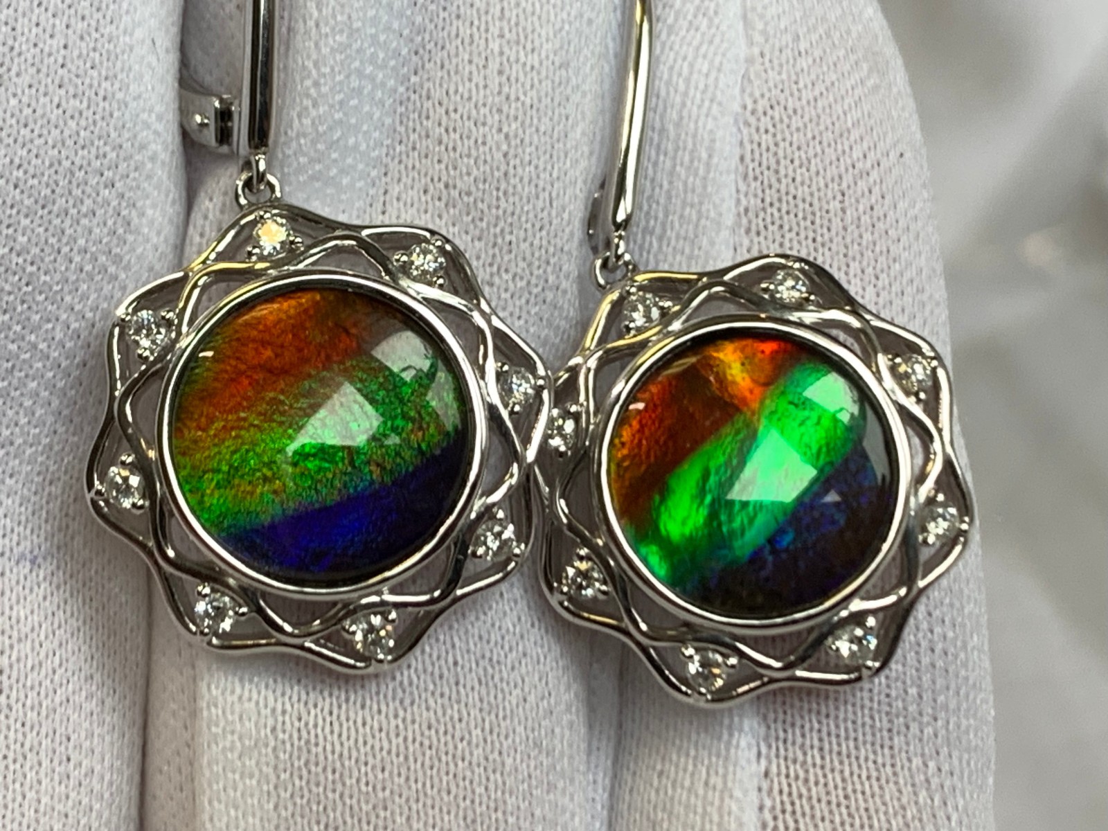 14K White Gold Iridescent Ammolite Earrings 9.54g Jewelry Clear Stones *READ*