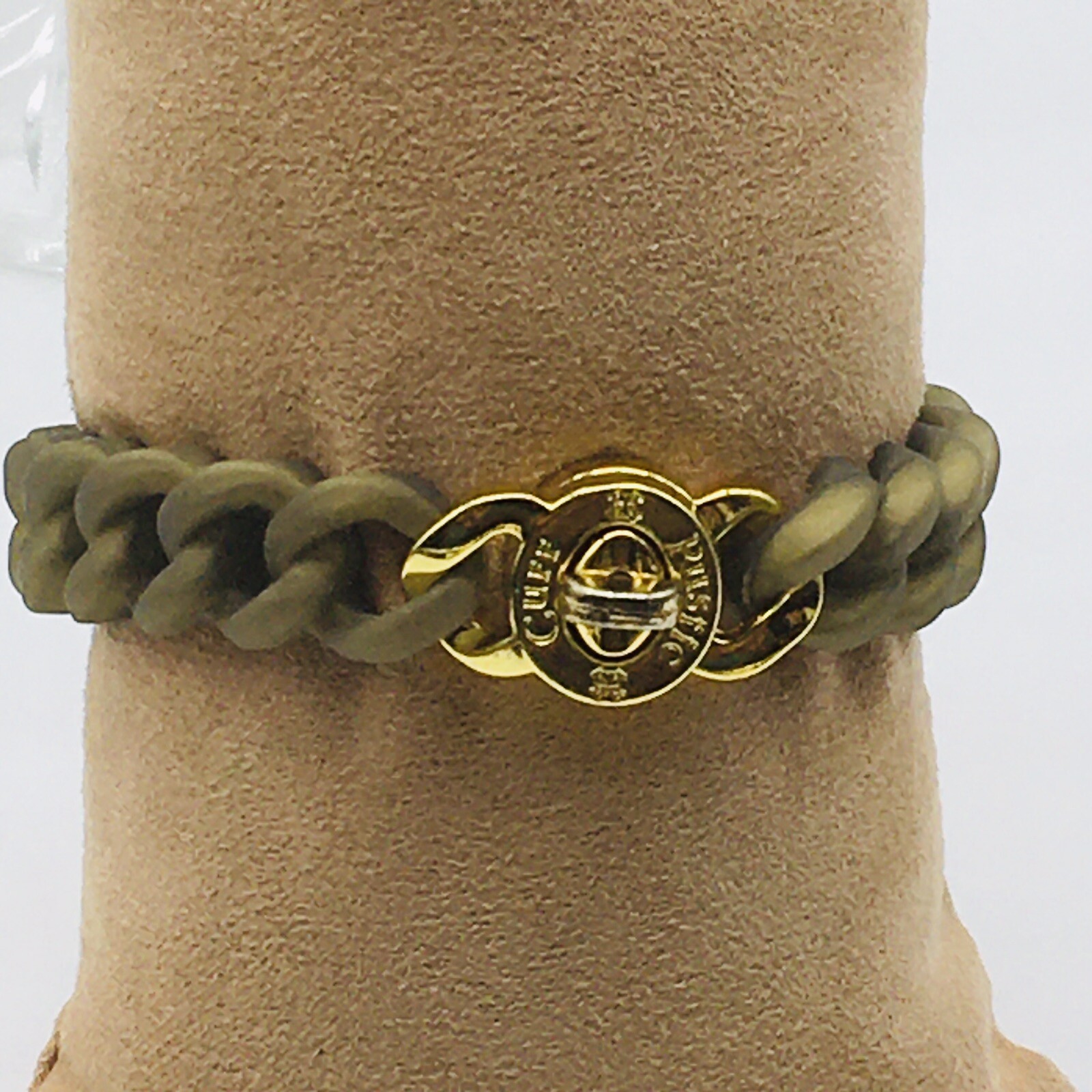 Rustic Cuff Gold Tone Logo Madison Green Silicone Stretch Toggle Bracelet