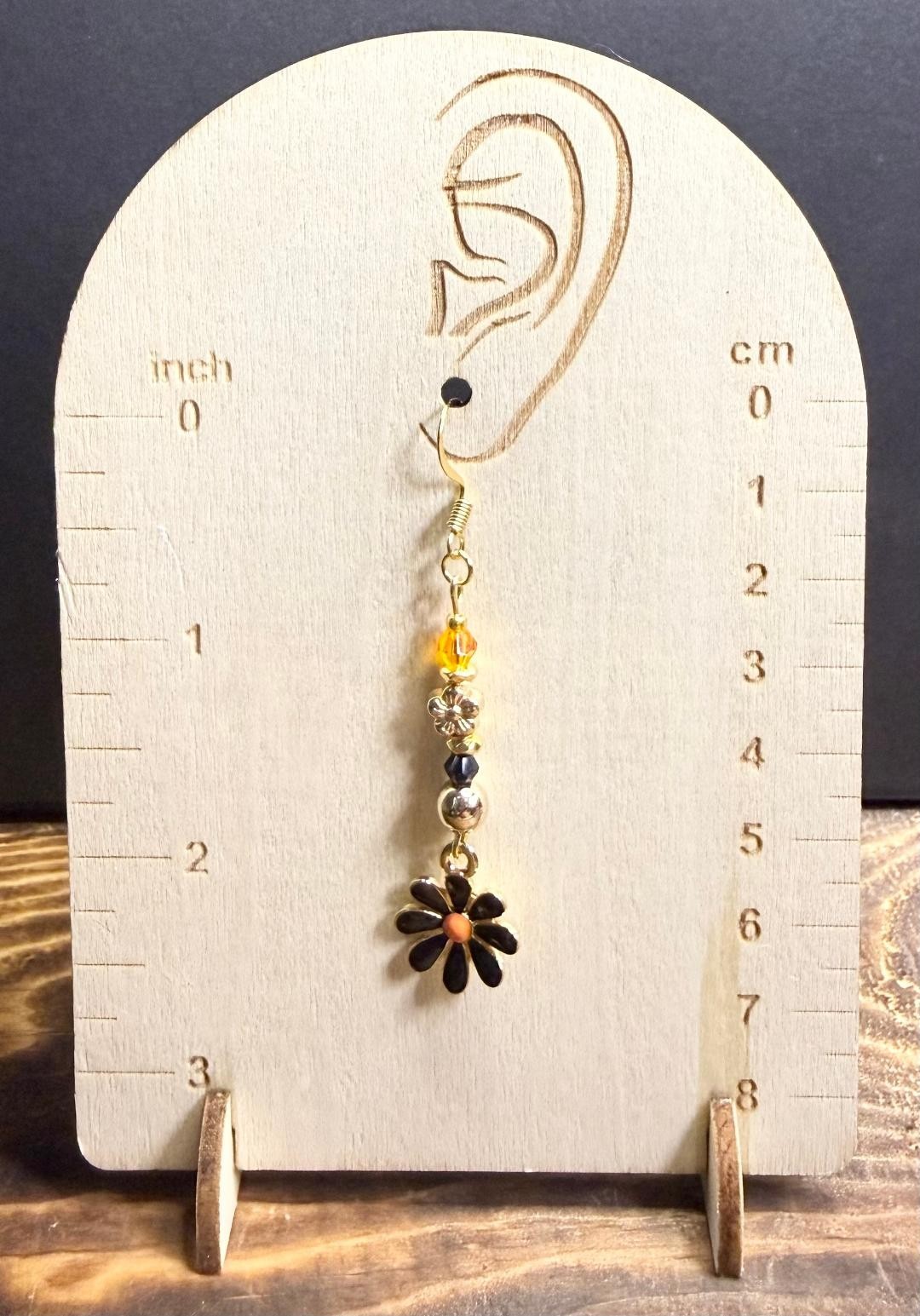 NEW Black Enamel Daisy Earring w/ Orange & Black Beads
