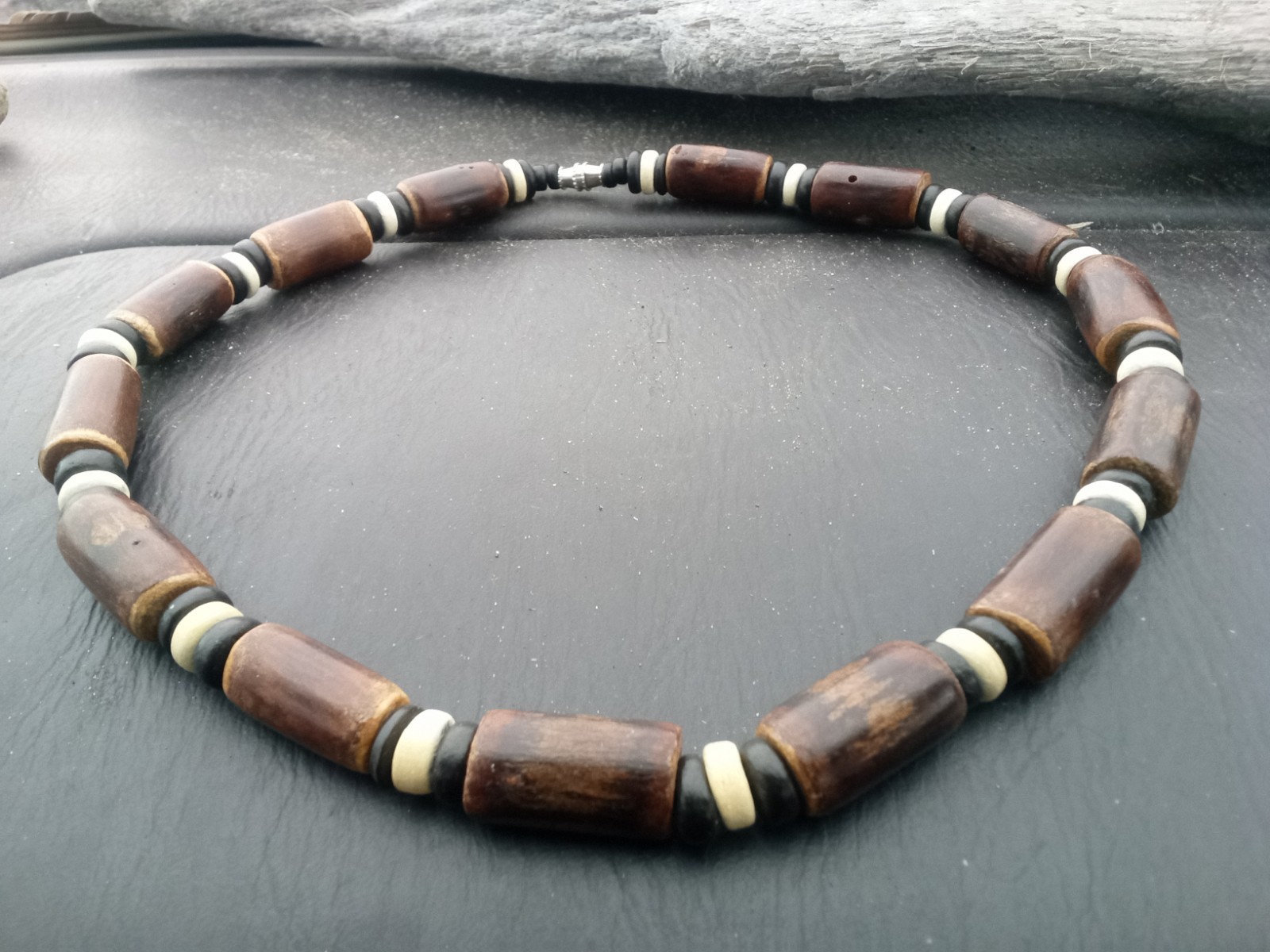 Beaded wood and bone necklace, brown black white, barrel clasp