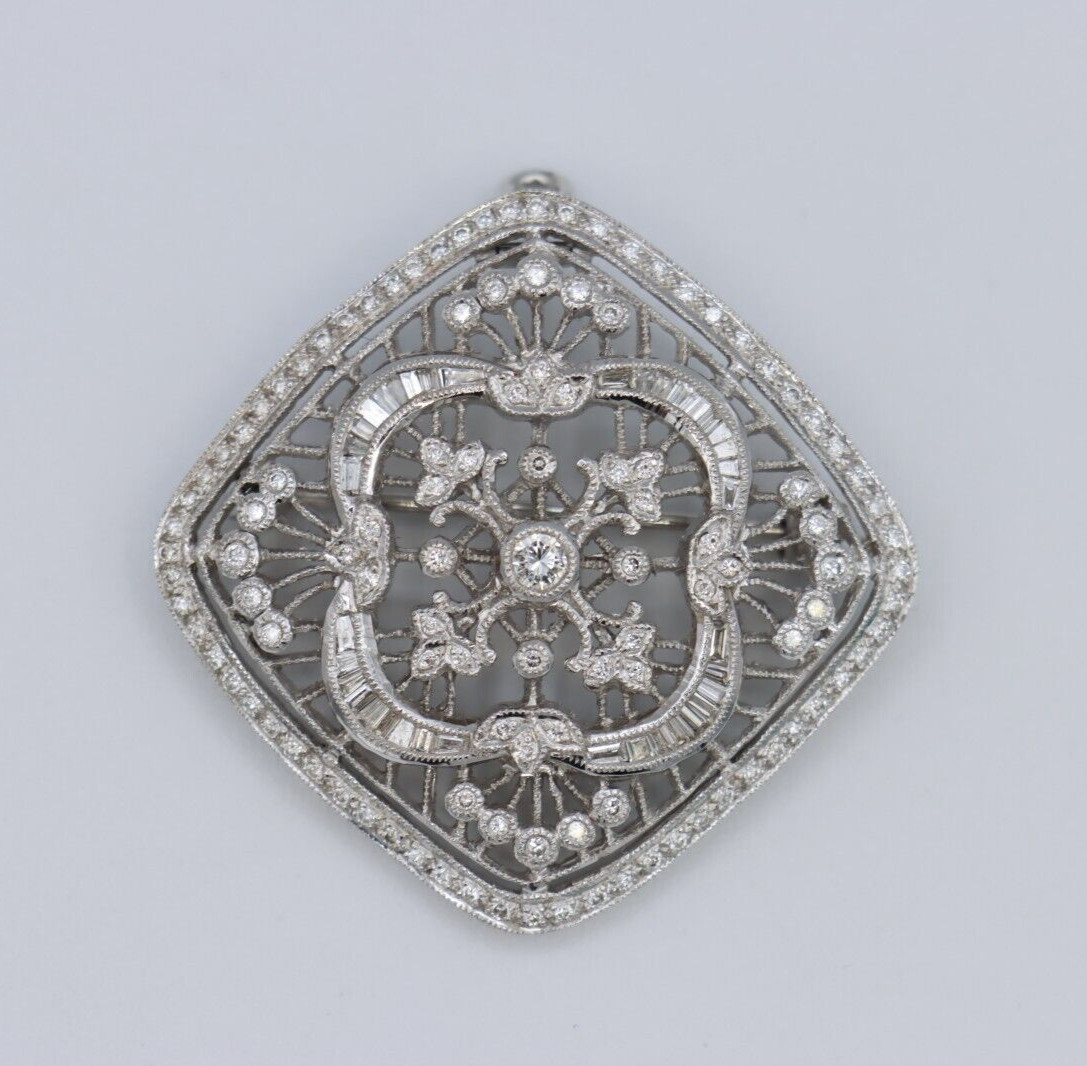 1.00tcw Diamond Art Deco-style Filigree Pendant & Brooch | 18K White Gold