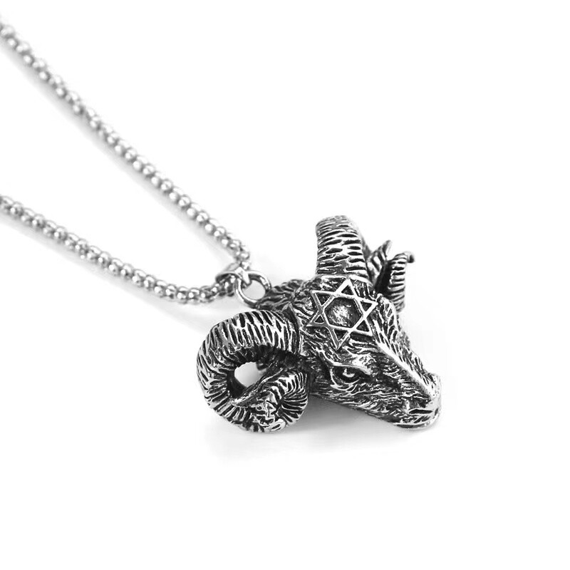 Men Satanic Hexagram Goat Pendant Baphomet Necklace Stainless Steel Chain 24″